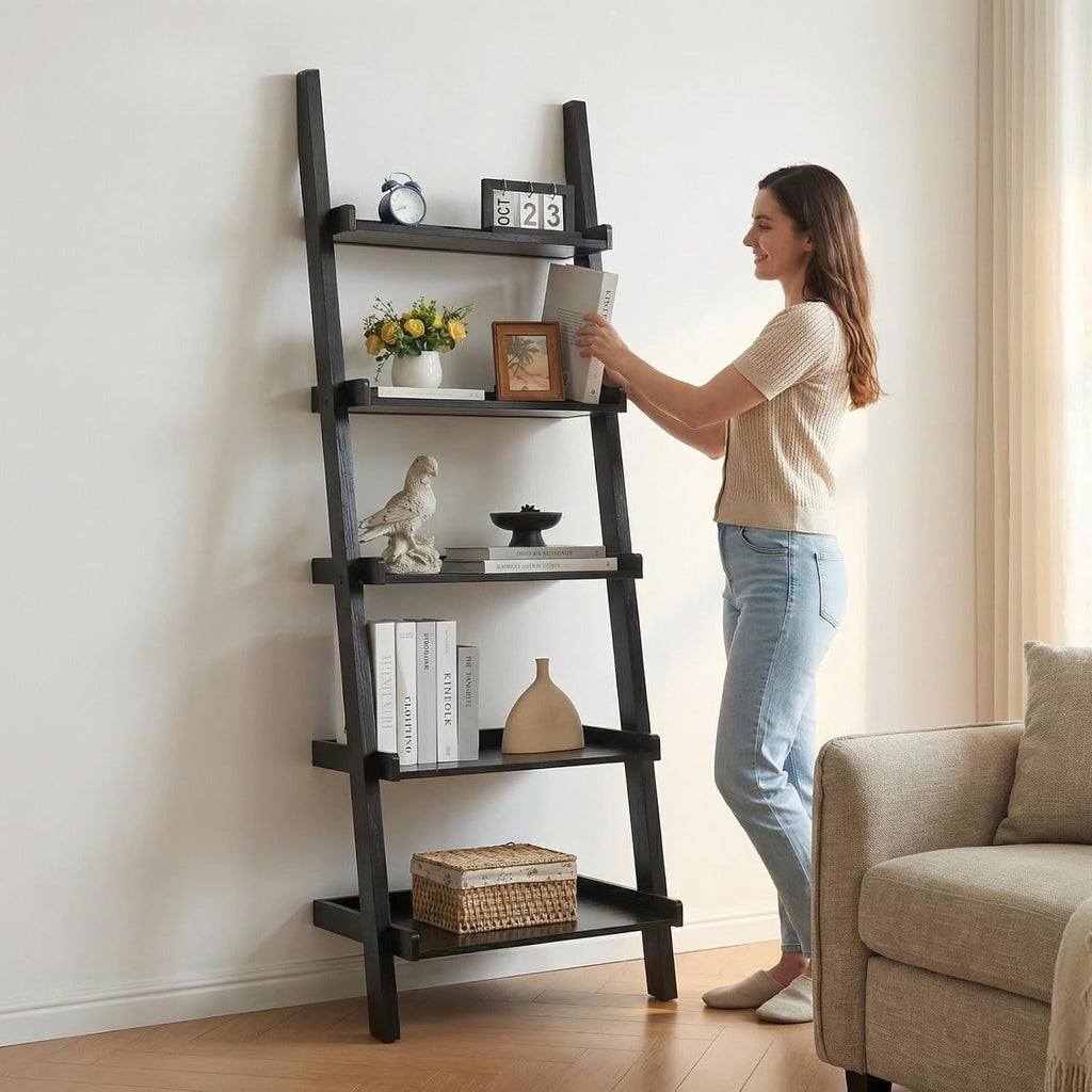 5‑Tier Modern Leaning Wooden Ladder Bookshelf