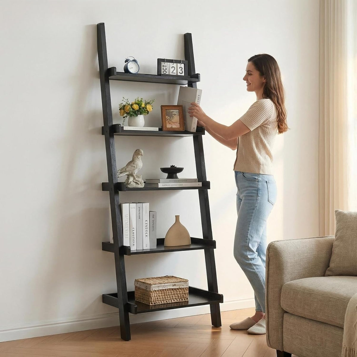 5‑Tier Modern Leaning Wooden Ladder Bookshelf