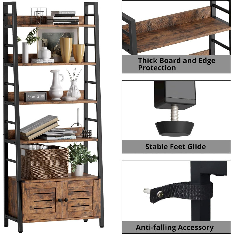 Rustic 4‑Tier Ladder Bookcase With Louvered Doors