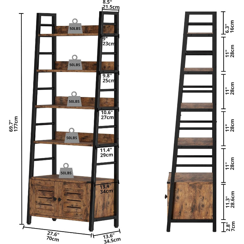 Rustic 4‑Tier Ladder Bookcase With Louvered Doors