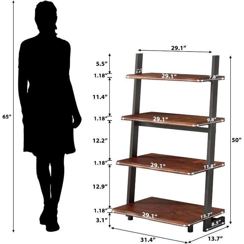 Solid Wood 4‑Tier Leaning Ladder Bookshelf