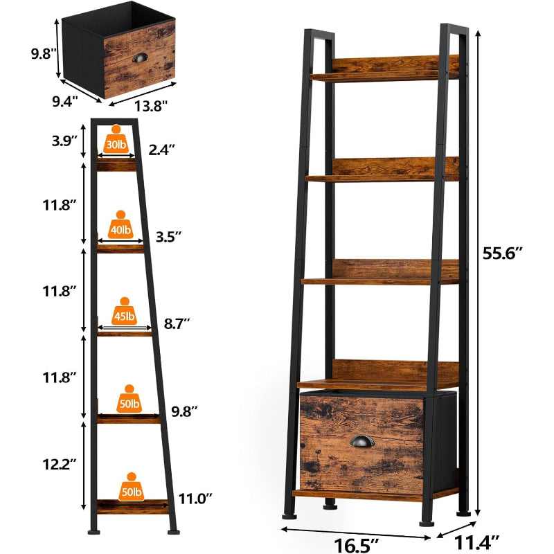 Rustic 5‑Tier Ladder Shelf With Fabric Drawer