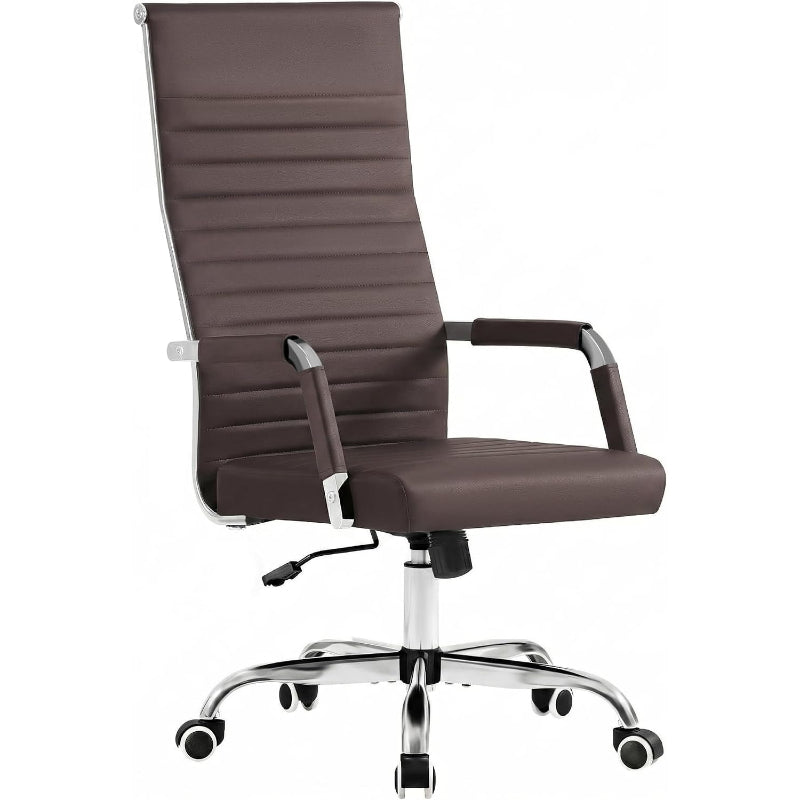 Ribbed PU Leather High‑Back Swivel Office Chair