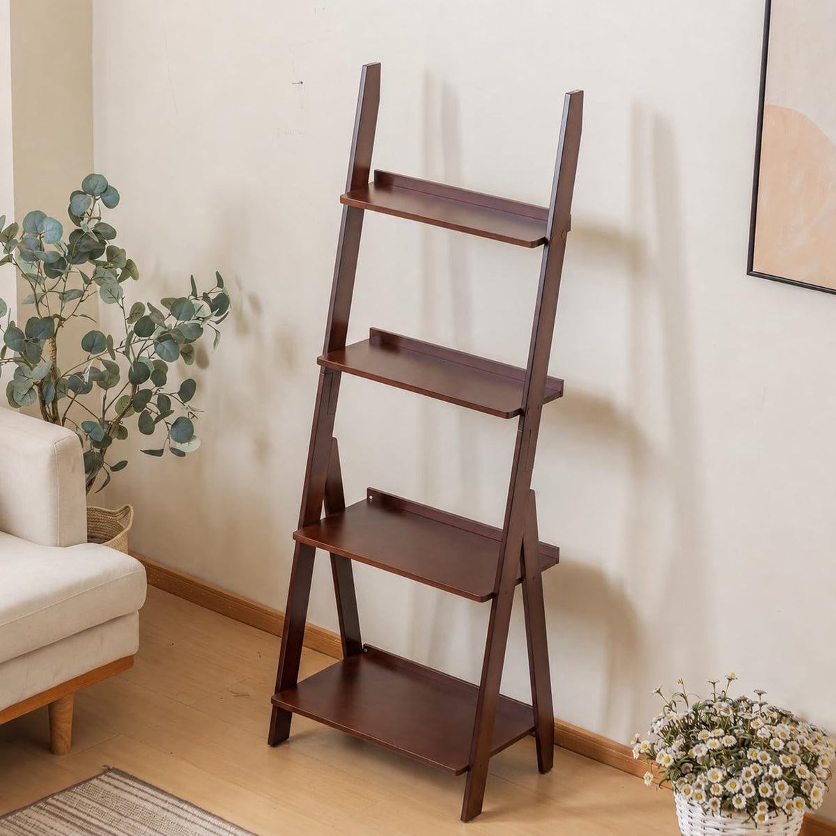 4‑Tier Bamboo Leaning Ladder Storage Bookshelf