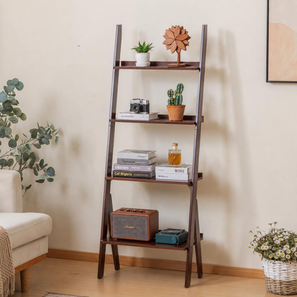 4‑Tier Bamboo Leaning Ladder Storage Bookshelf