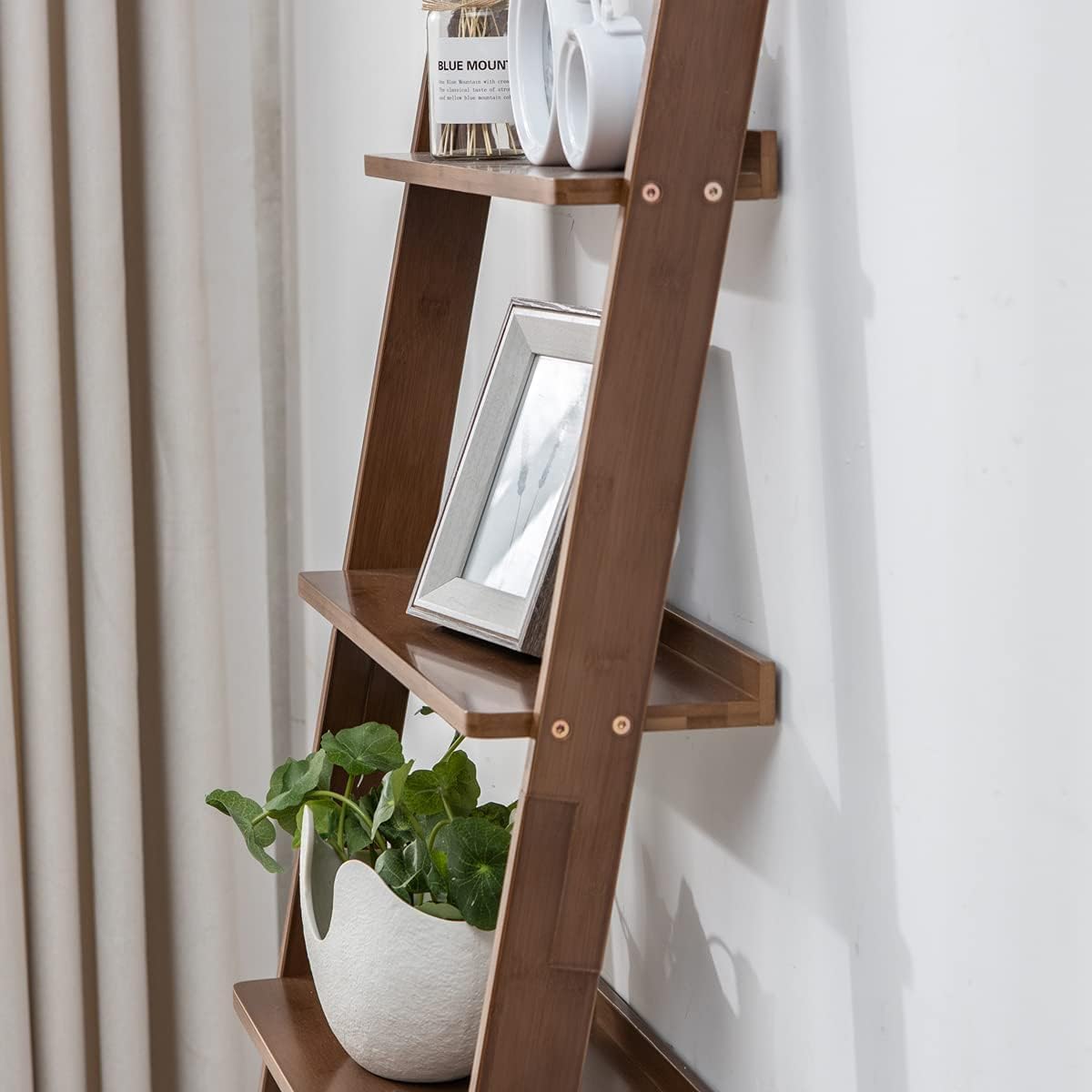 4‑Tier Bamboo Leaning Ladder Storage Bookshelf