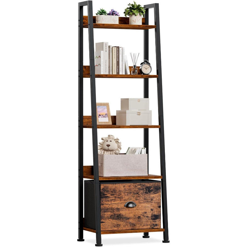 Rustic 5‑Tier Ladder Shelf With Fabric Drawer