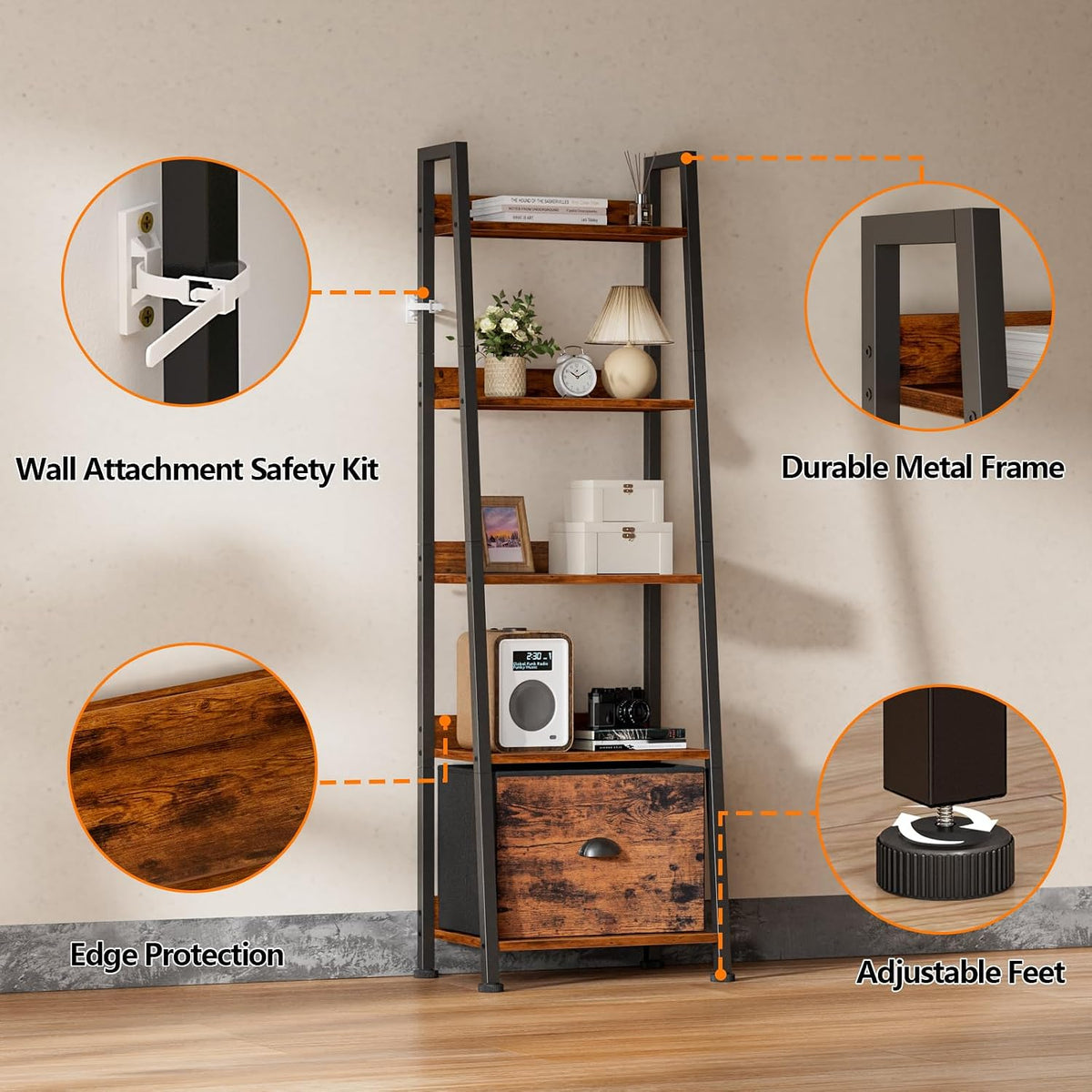 Rustic 5‑Tier Ladder Shelf With Fabric Drawer