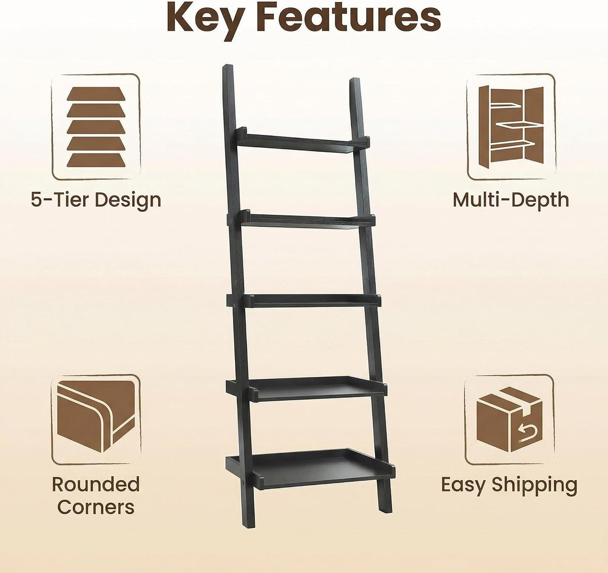 5‑Tier Modern Leaning Wooden Ladder Bookshelf