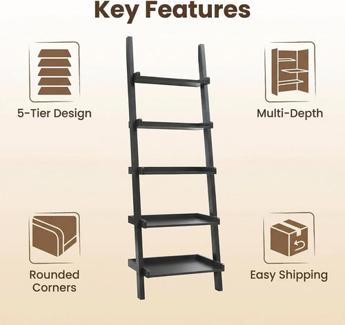 5‑Tier Modern Leaning Wooden Ladder Bookshelf