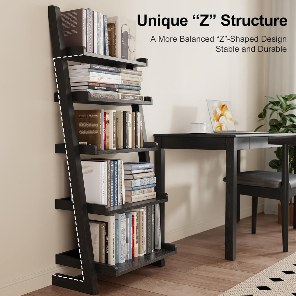 Modern 5‑Tier Wooden Leaning Ladder Bookshelf