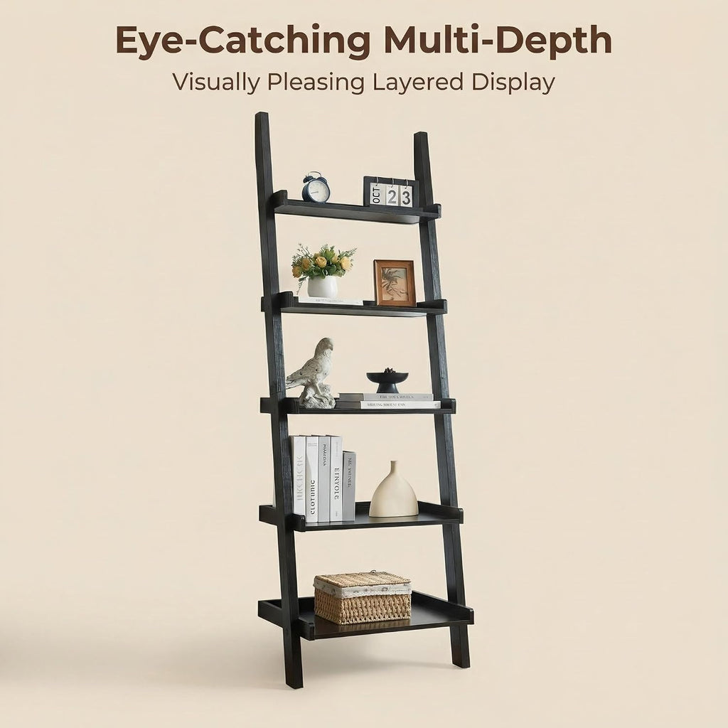 5‑Tier Modern Leaning Wooden Ladder Bookshelf