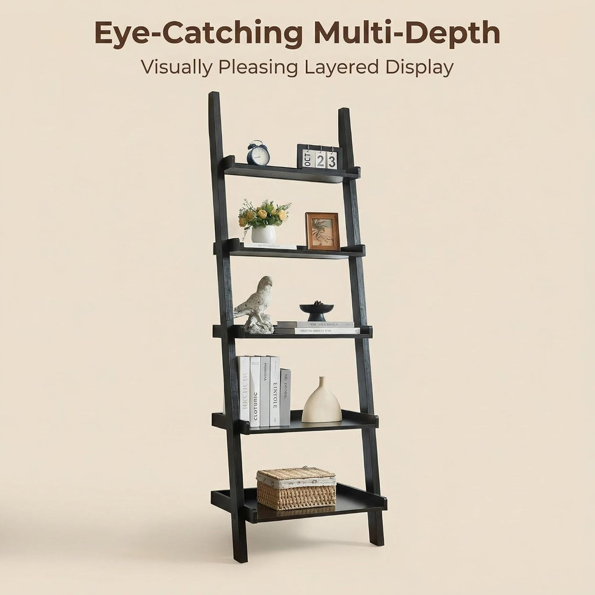 5‑Tier Modern Leaning Wooden Ladder Bookshelf