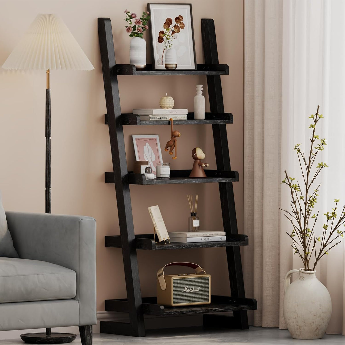 Modern 5‑Tier Wooden Leaning Ladder Bookshelf