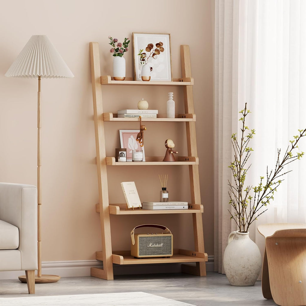 Modern 5‑Tier Wooden Leaning Ladder Bookshelf