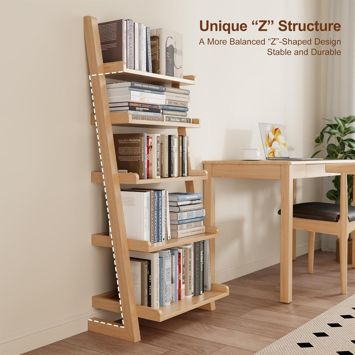 Modern 5‑Tier Wooden Leaning Ladder Bookshelf