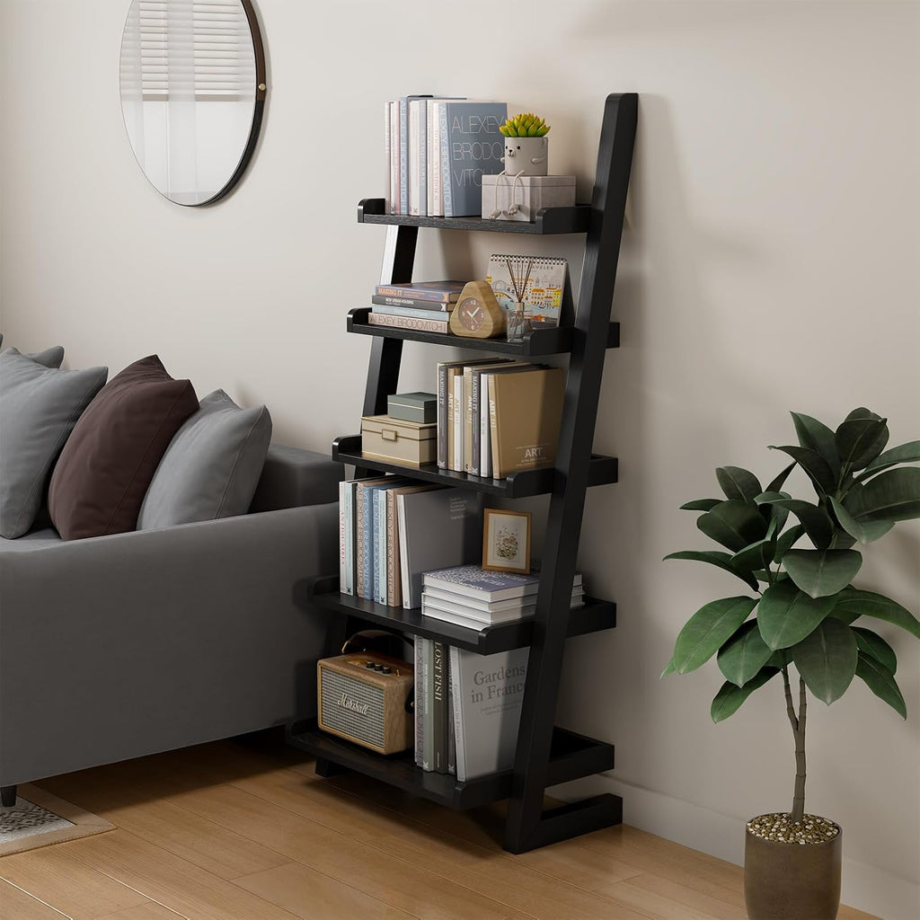 Modern 5‑Tier Wooden Leaning Ladder Bookshelf