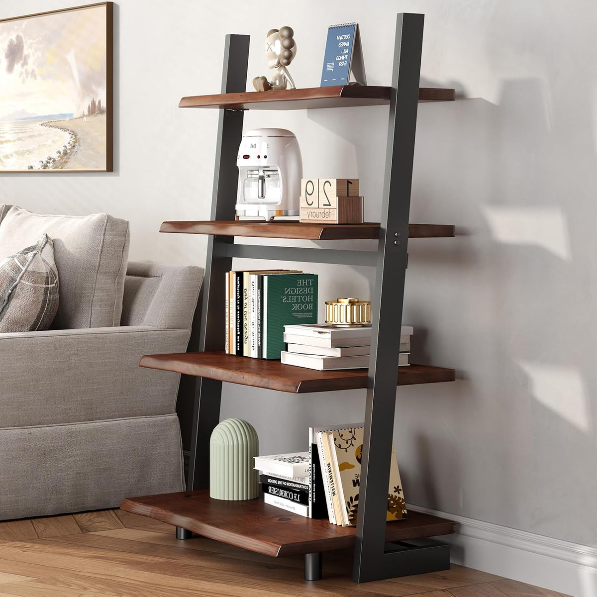 Solid Wood 4‑Tier Leaning Ladder Bookshelf