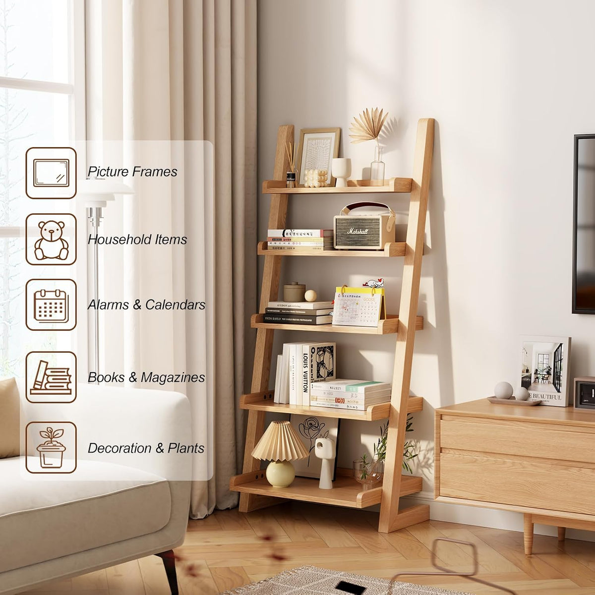 Modern 5‑Tier Wooden Leaning Ladder Bookshelf