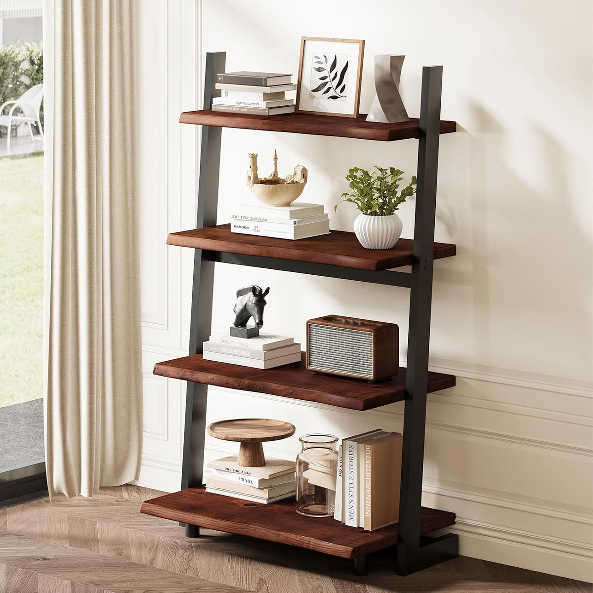 Solid Wood 4‑Tier Leaning Ladder Bookshelf