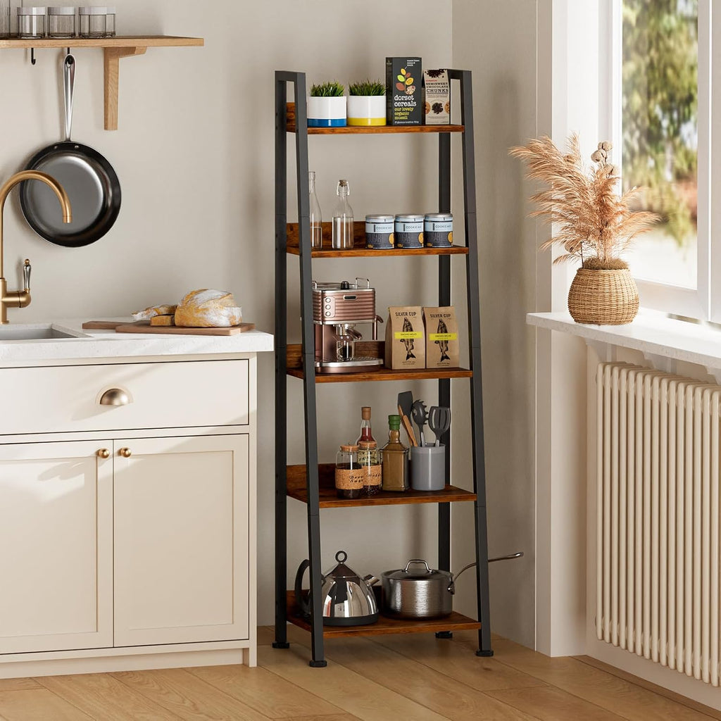 Rustic 5‑Tier Ladder Shelf With Fabric Drawer