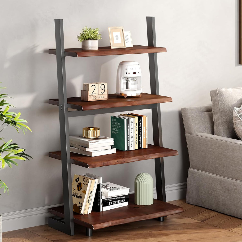 Solid Wood 4‑Tier Leaning Ladder Bookshelf