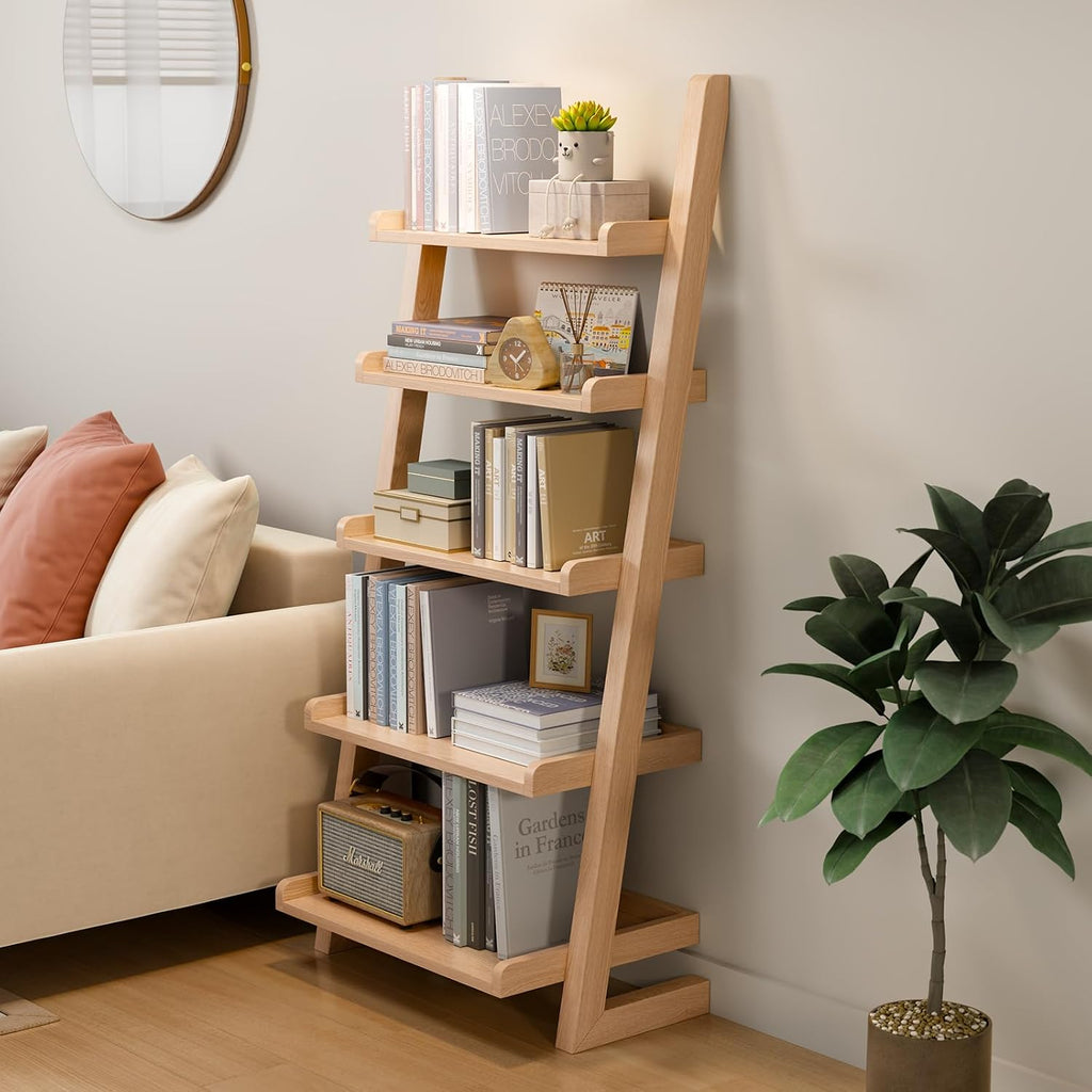 Modern 5‑Tier Wooden Leaning Ladder Bookshelf
