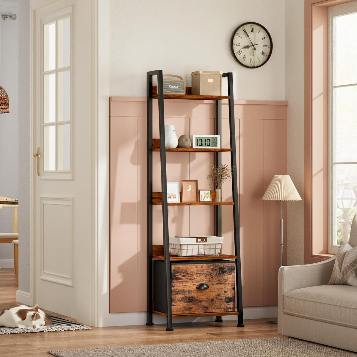 Rustic 5‑Tier Ladder Shelf With Fabric Drawer