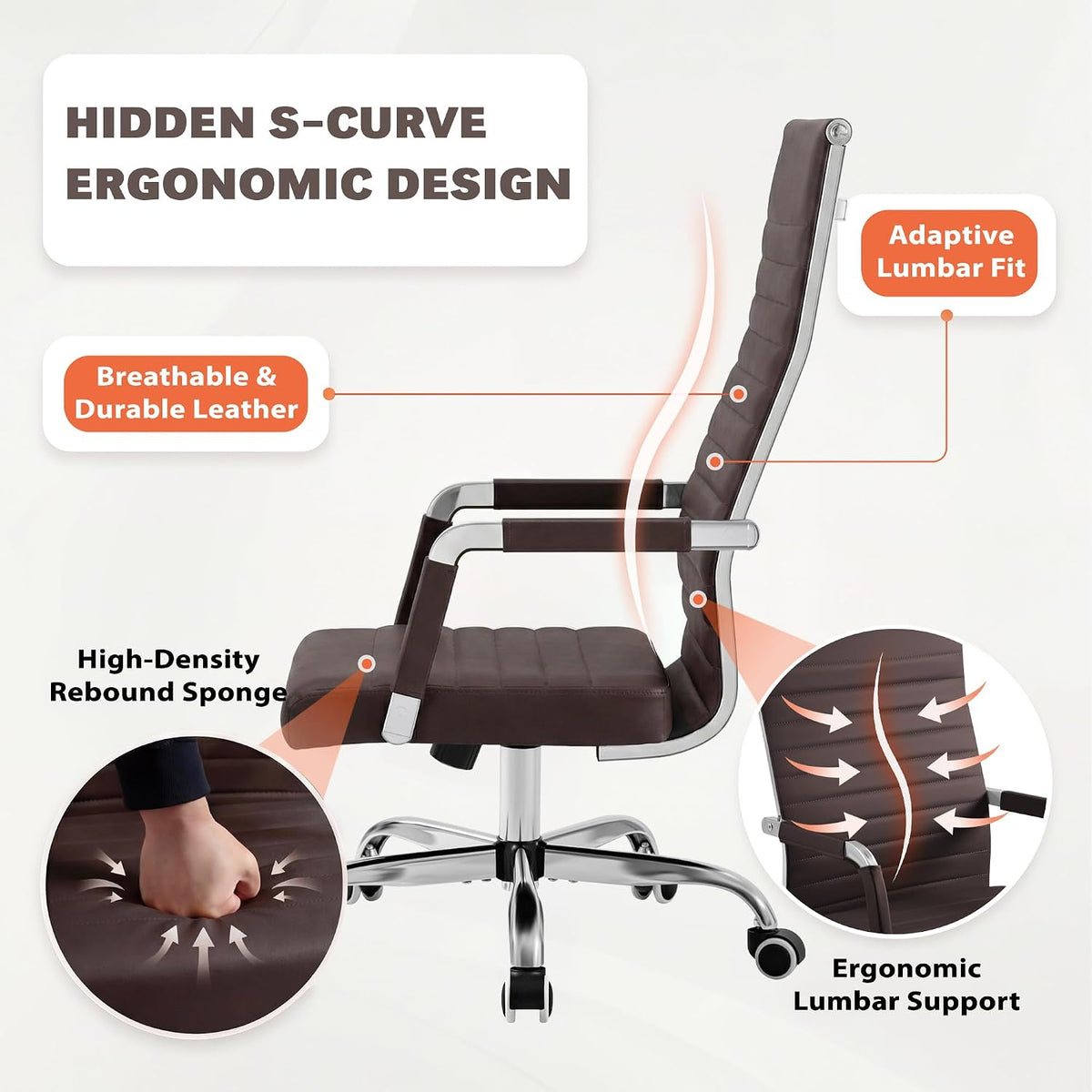 Ribbed PU Leather High‑Back Swivel Office Chair