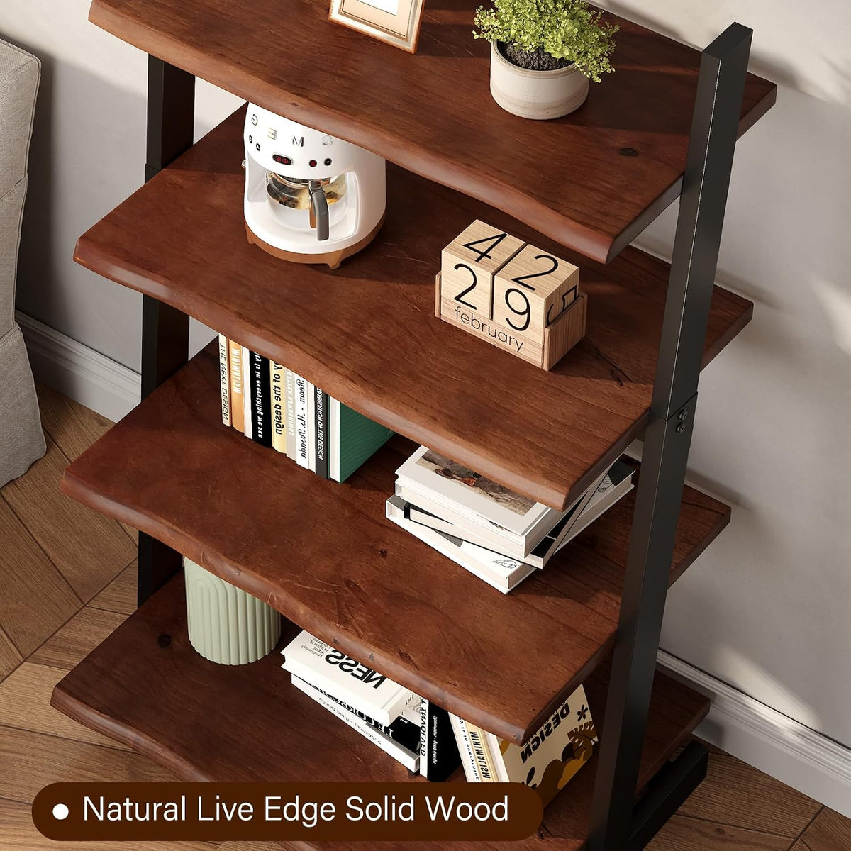 Solid Wood 4‑Tier Leaning Ladder Bookshelf