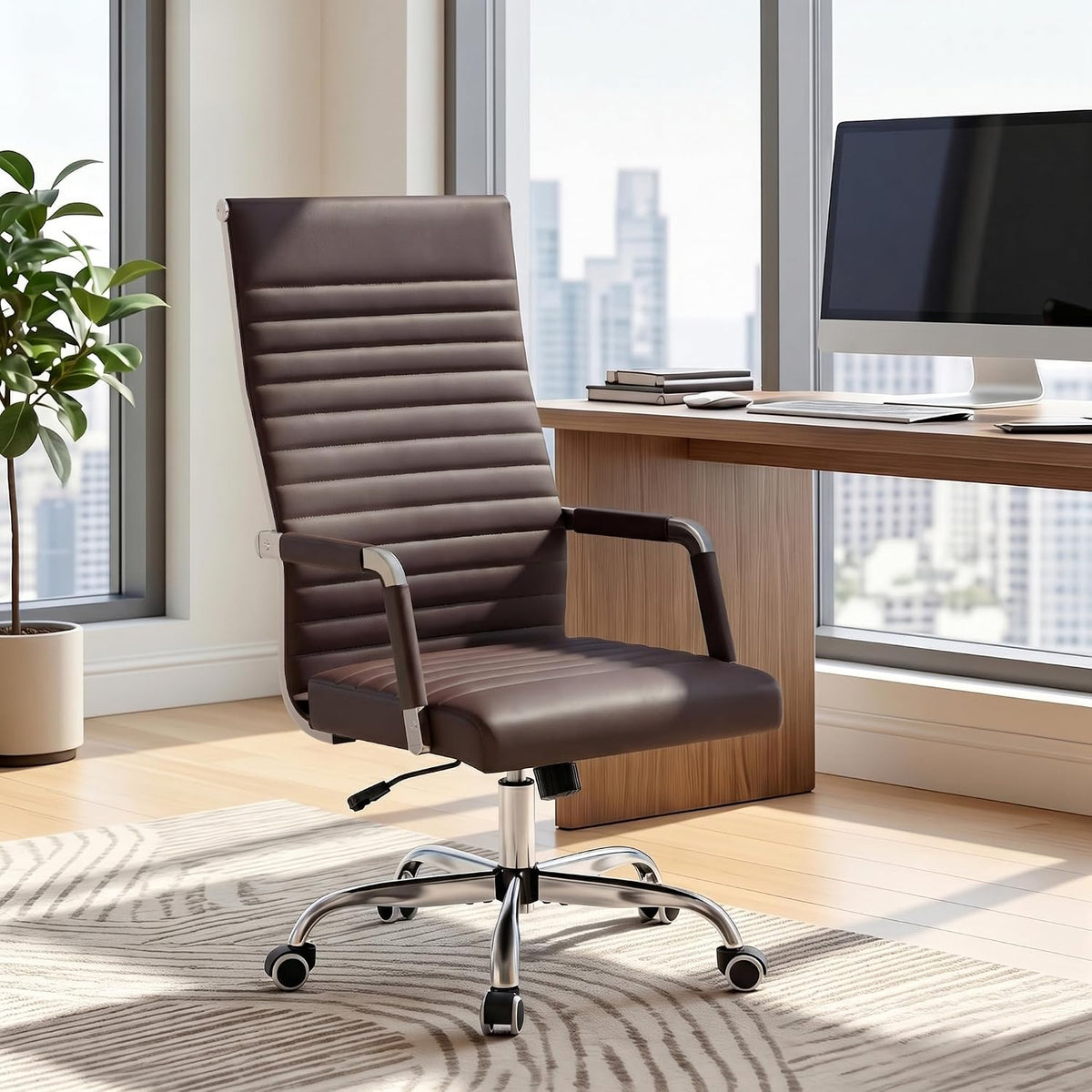 Ribbed PU Leather High‑Back Swivel Office Chair