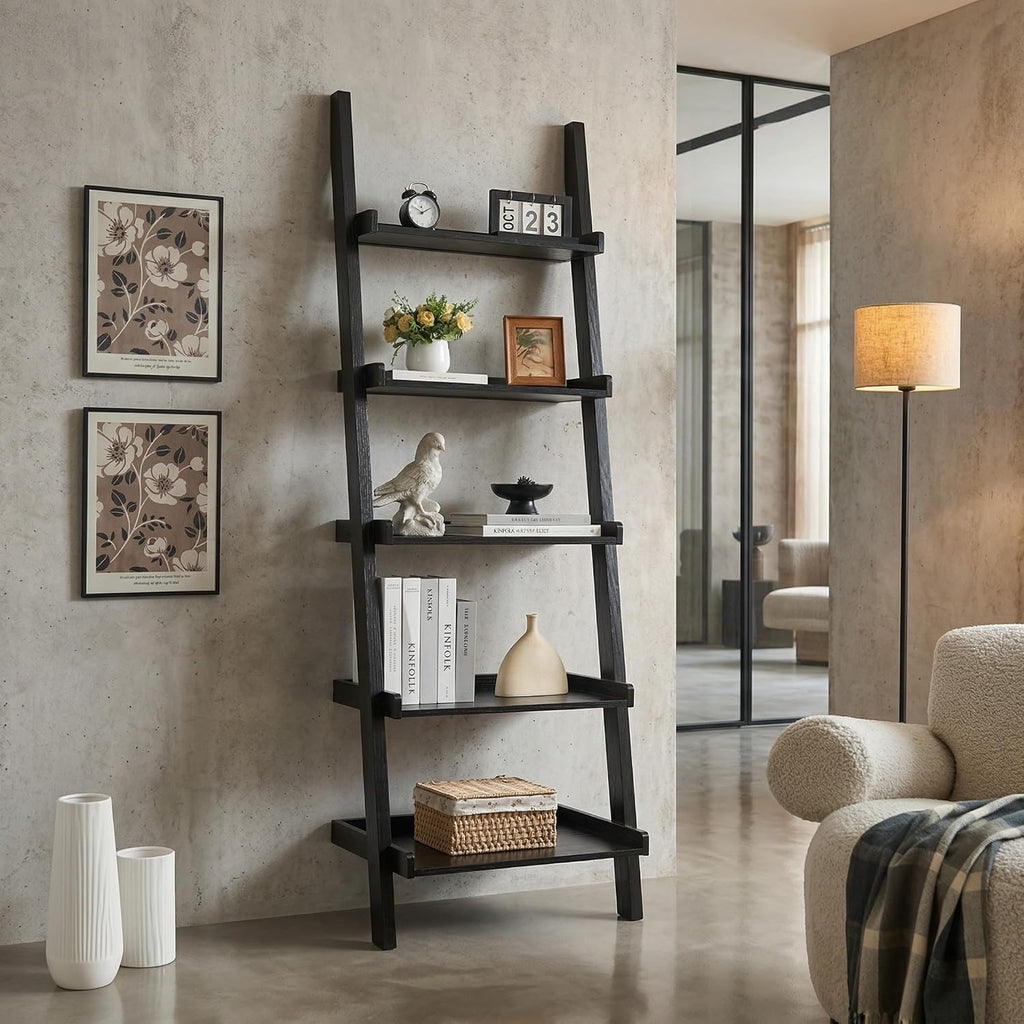 5‑Tier Modern Leaning Wooden Ladder Bookshelf