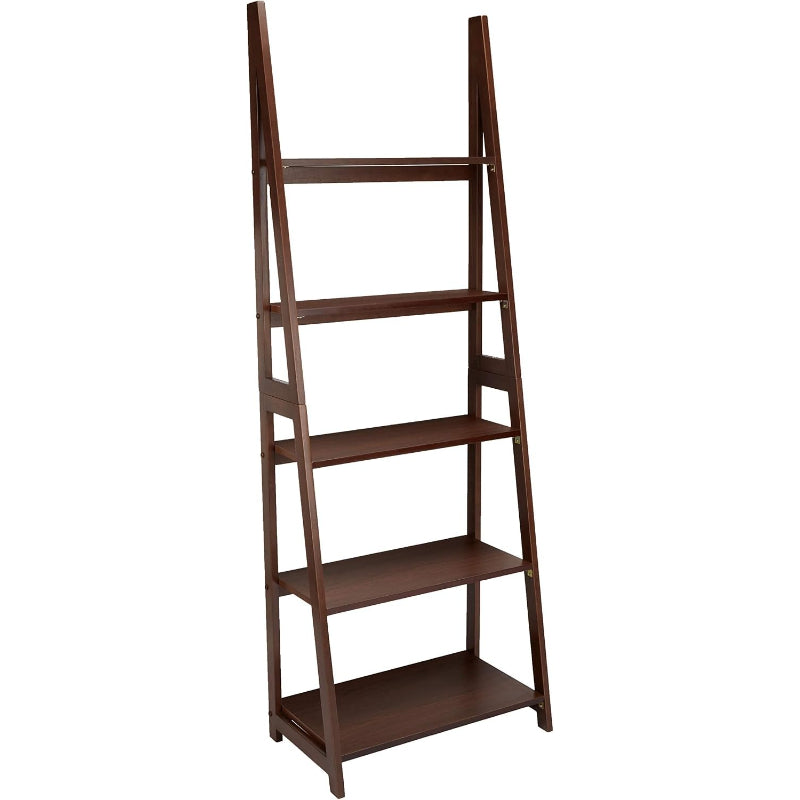 Solid Rubberwood 5‑Tier Ladder Bookshelf Organizer