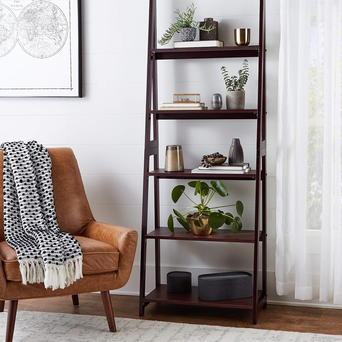 Solid Rubberwood 5‑Tier Ladder Bookshelf Organizer