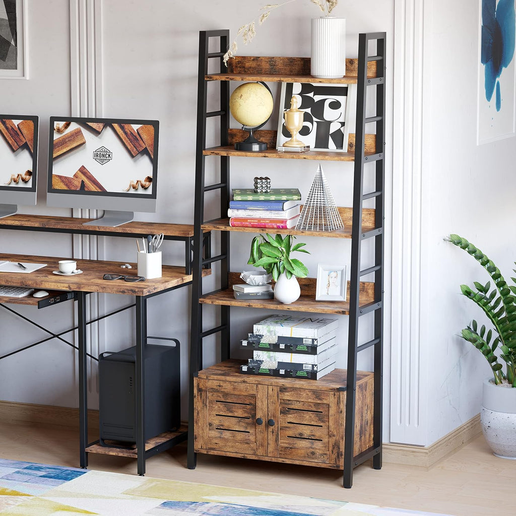 Rustic 4‑Tier Ladder Bookcase With Louvered Doors