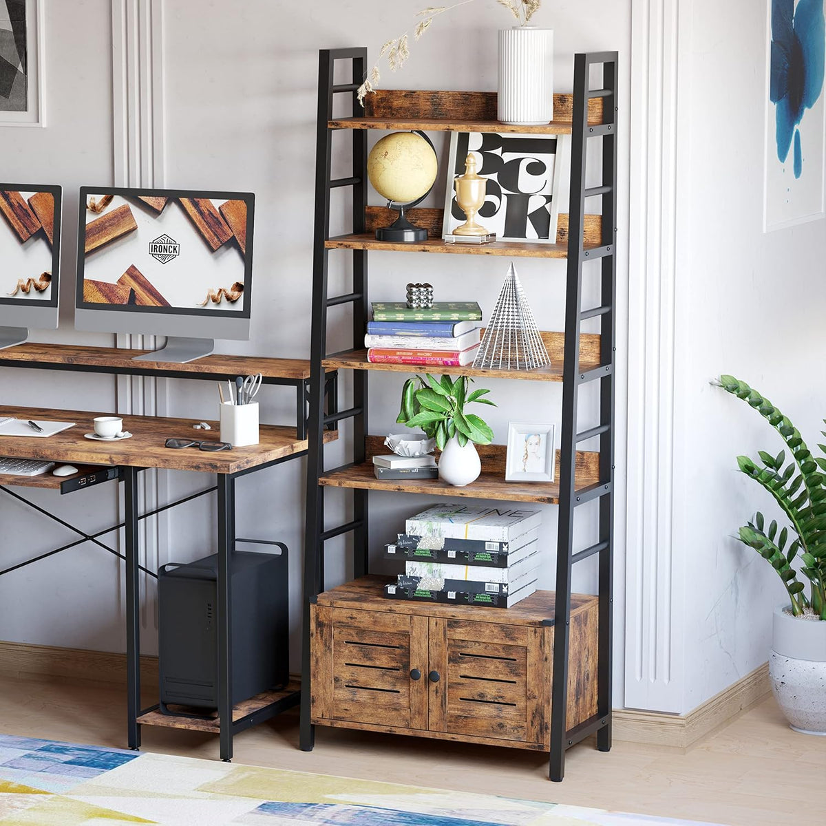 Rustic 4‑Tier Ladder Bookcase With Louvered Doors