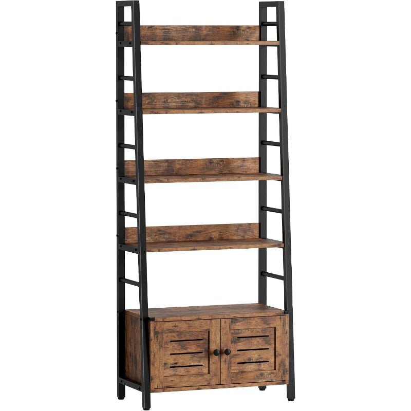 Rustic 4‑Tier Ladder Bookcase With Louvered Doors