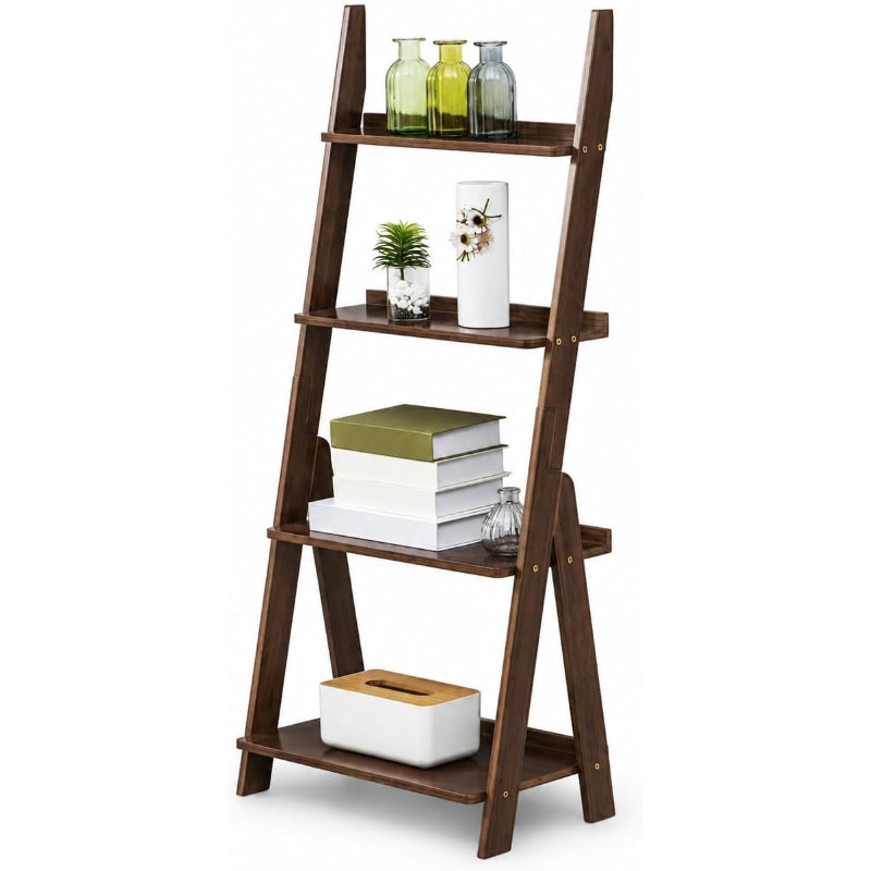 4‑Tier Bamboo Leaning Ladder Storage Bookshelf