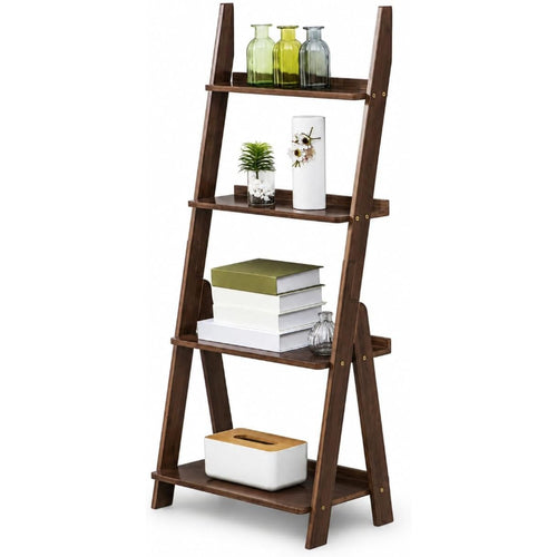 4‑Tier Bamboo Leaning Ladder Storage Bookshelf