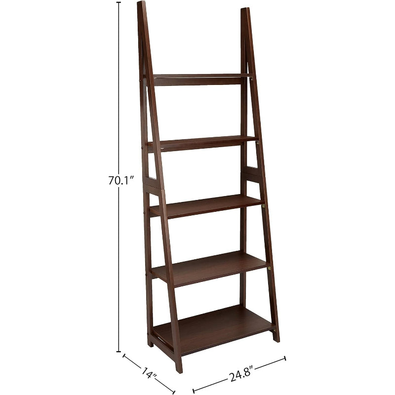 Solid Rubberwood 5‑Tier Ladder Bookshelf Organizer